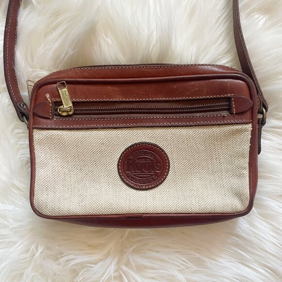 VTG Roots Red Brown Leather Cream Woven Canvas Crossbody Purse Bag - Picture 5 of 9